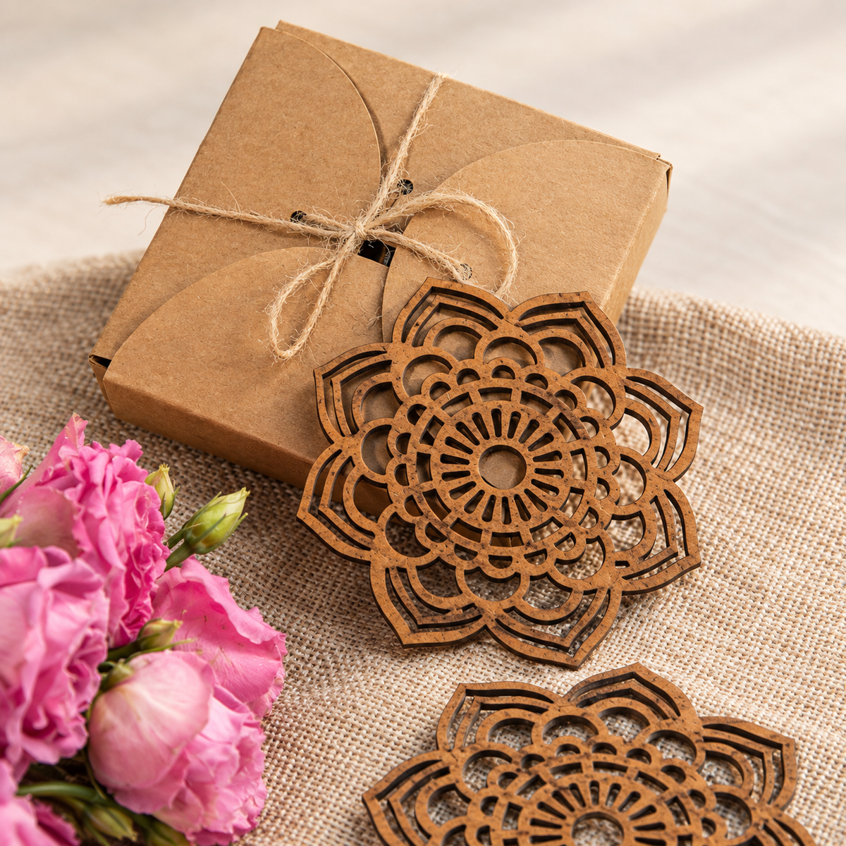 Mandala Coaster (Set of 6 - Upcycled Rustic Hardboard Tea Coaster Set of 6 – Sustainable, Eco-Friendly, Water-Absorbent Coasters, No Adhesives, Reclaimed Wood Home Decor