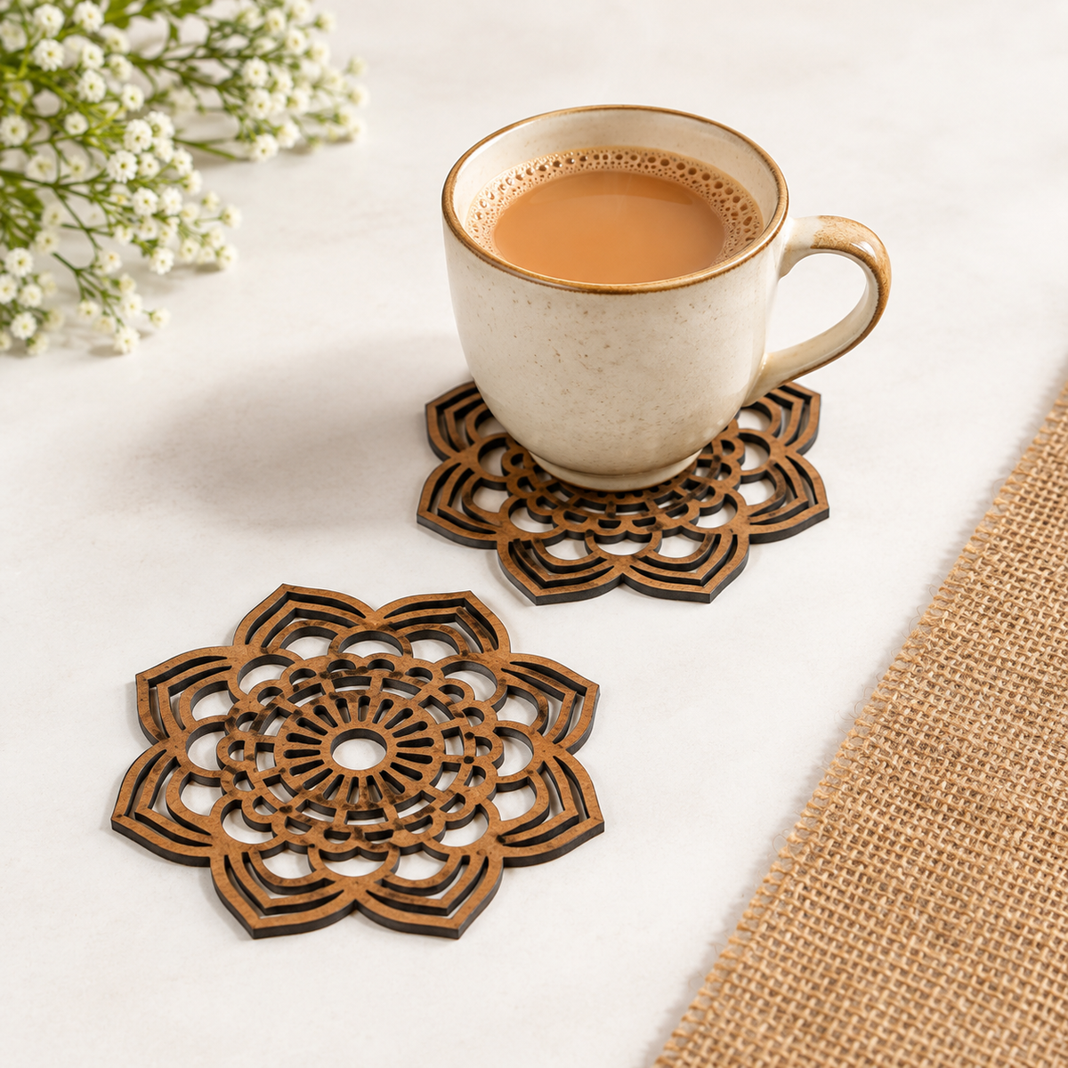 Mandala Coaster (Set of 6 - Upcycled Rustic Hardboard Tea Coaster Set of 6 – Sustainable, Eco-Friendly, Water-Absorbent Coasters, No Adhesives, Reclaimed Wood Home Decor