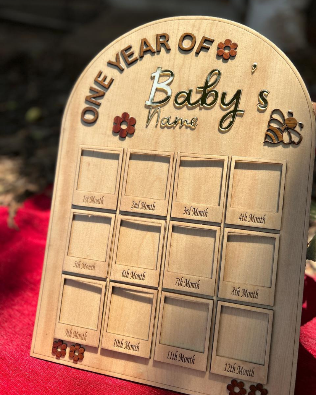 Personalised handcrafted wooden first - year photo frame for toddlers -Timeless keepsake for Baby memories