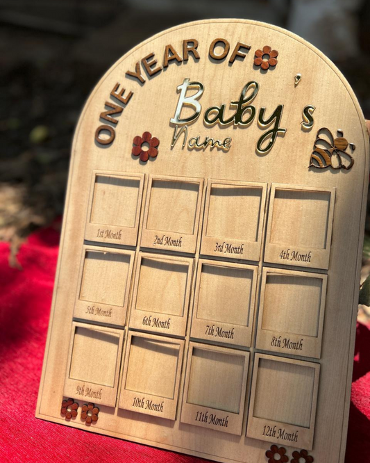 Personalised handcrafted wooden first - year photo frame for toddlers -Timeless keepsake for Baby memories