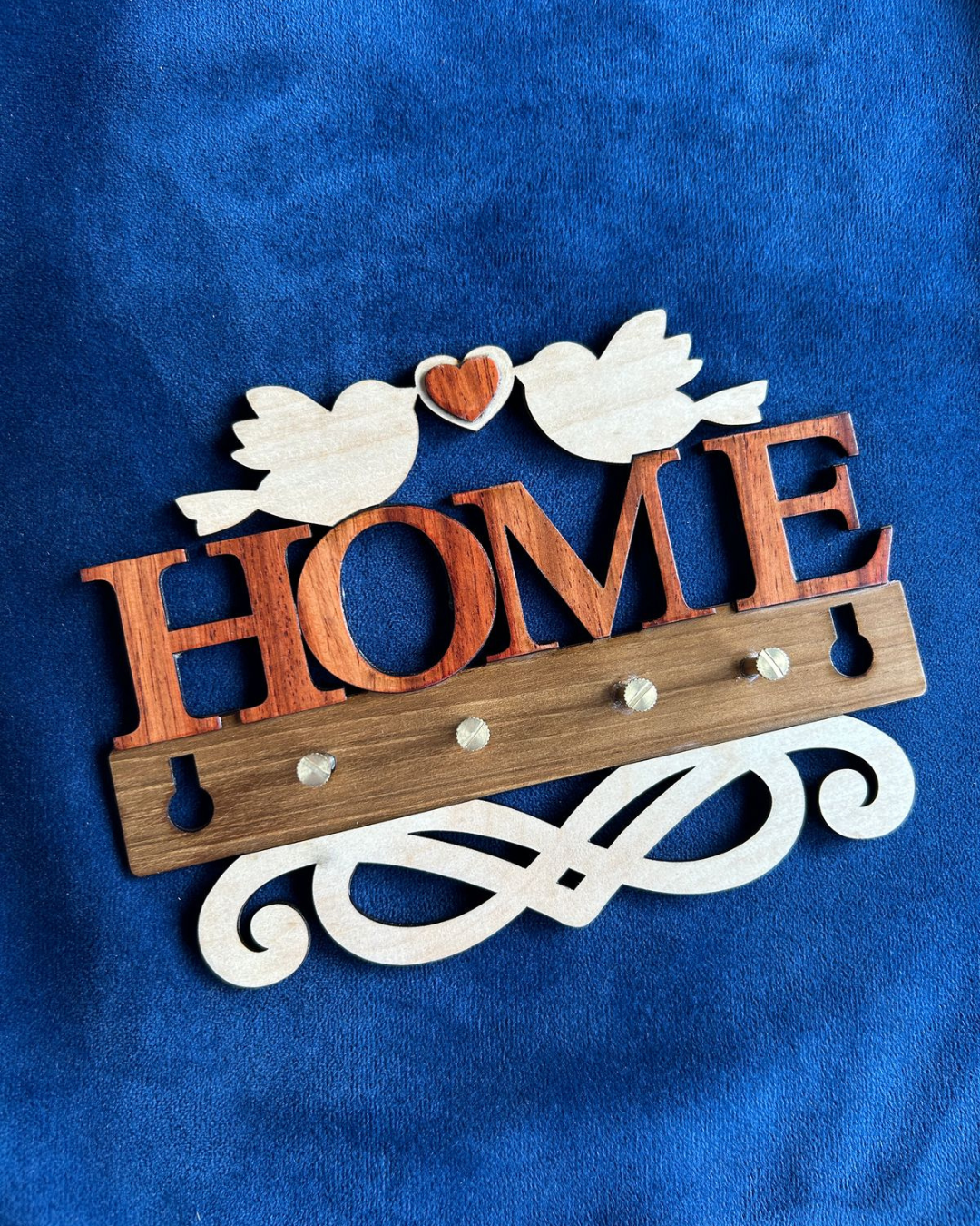 Rustic Home Key Holder - 4 slot wooden keychain hanger with brass studs, personalised home decor.