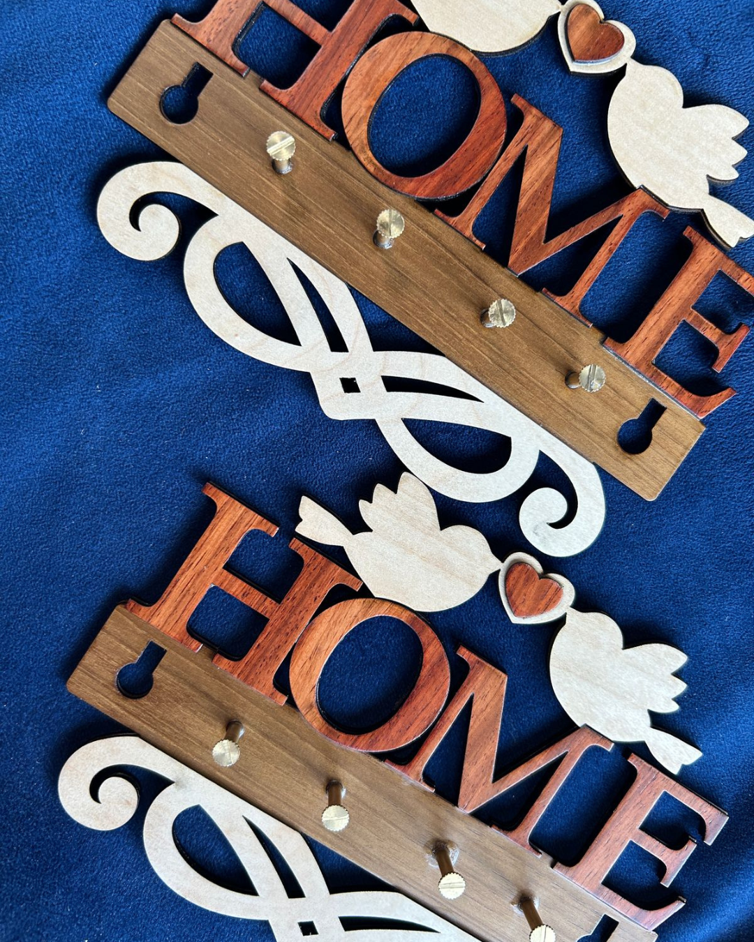 Rustic Home Key Holder - 4 slot wooden keychain hanger with brass studs, personalised home decor.