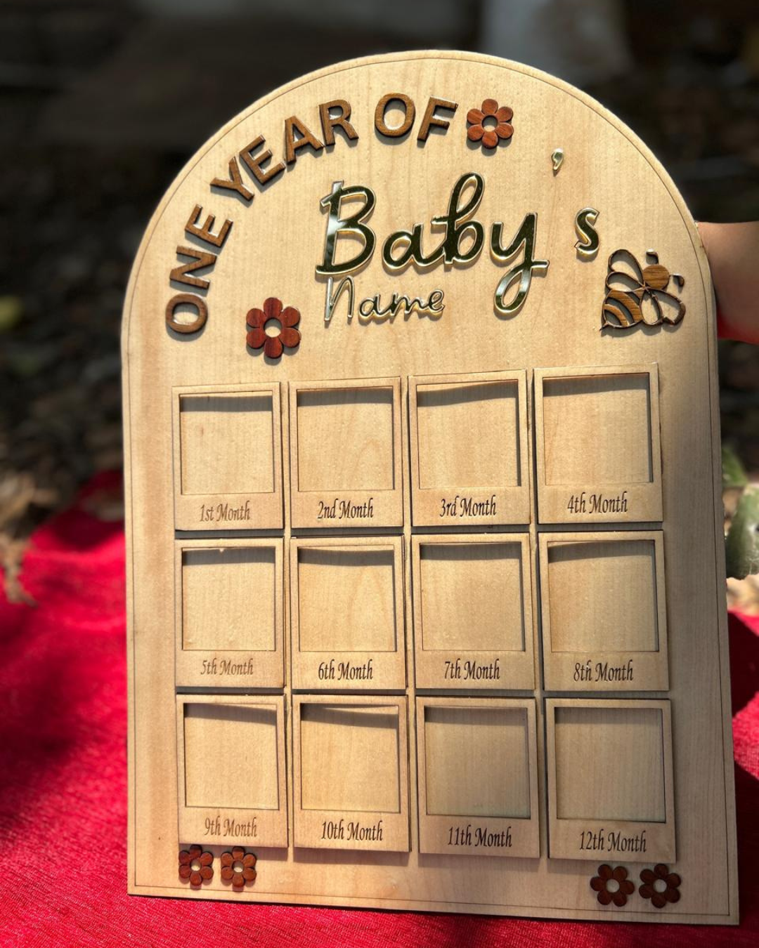 Personalised handcrafted wooden first - year photo frame for toddlers -Timeless keepsake for Baby memories