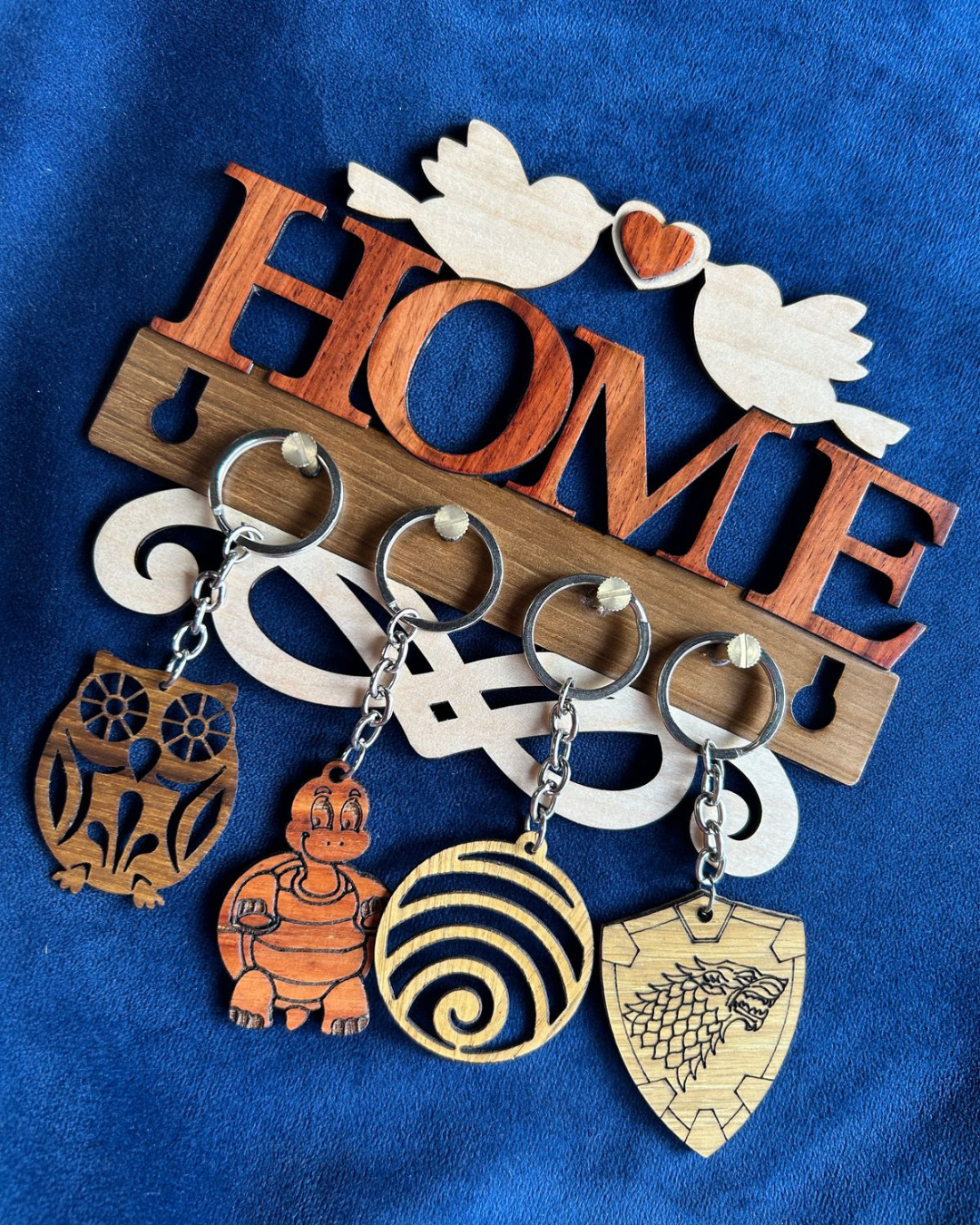 Rustic Home Key Holder - 4 slot wooden keychain hanger with brass studs, personalised home decor.