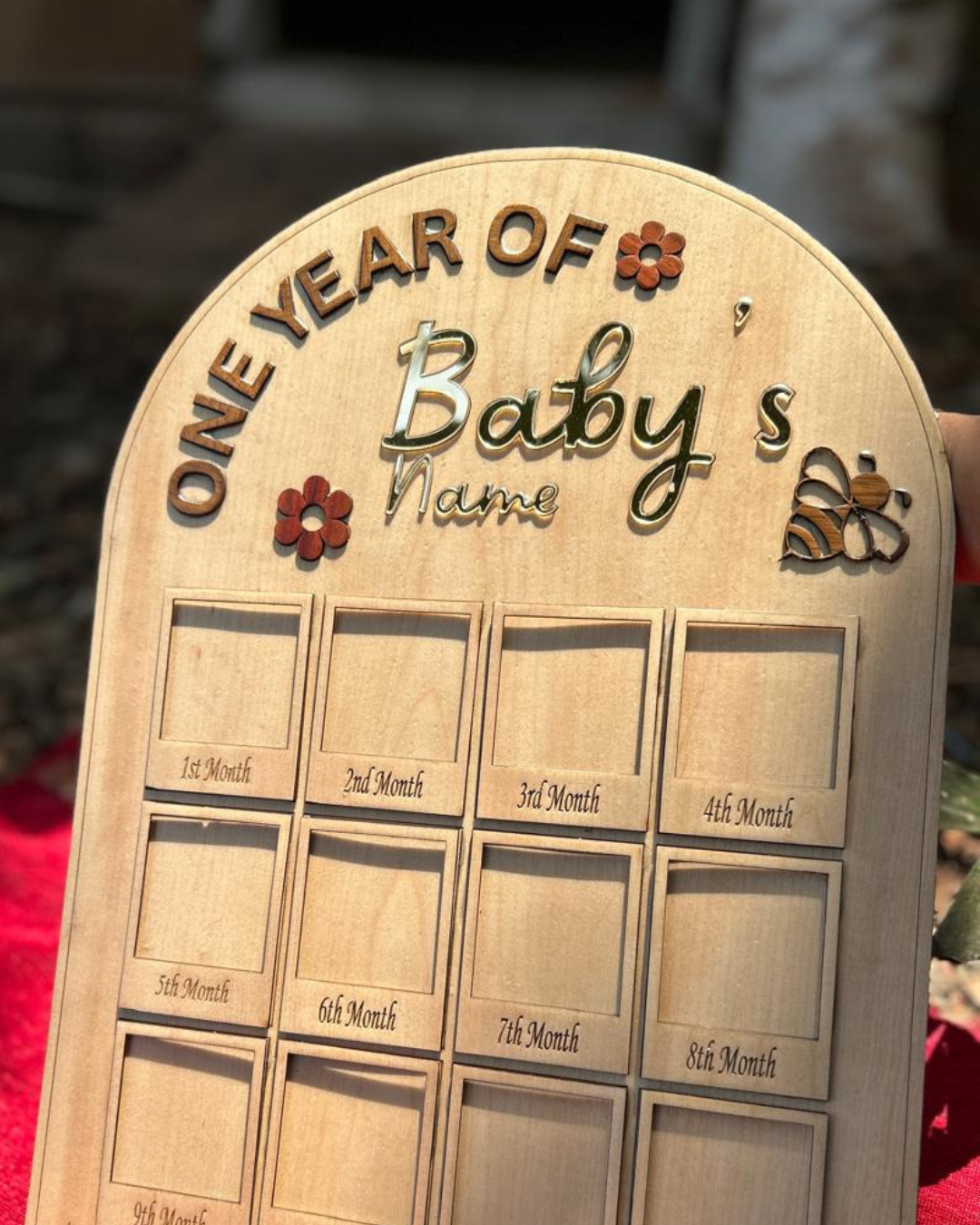 Personalised handcrafted wooden first - year photo frame for toddlers -Timeless keepsake for Baby memories