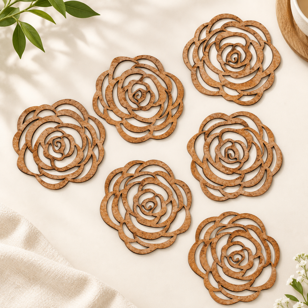 Rose Coaster (Set of 6) - Upcycled Rustic Hardboard Tea Coaster Set of 6 – Sustainable, Eco-Friendly, Water-Absorbent Coasters, No Adhesives, Reclaimed Wood Home Decor