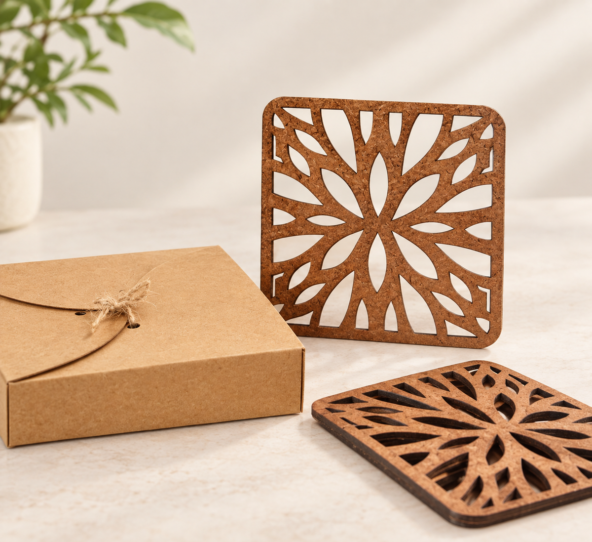Flowery Coaster (set of 6) - Upcycled Rustic Hardboard Tea Coaster Set of 6 – Sustainable, Eco-Friendly, Water-Absorbent Coasters, No Adhesives, Reclaimed Wood Home Decor