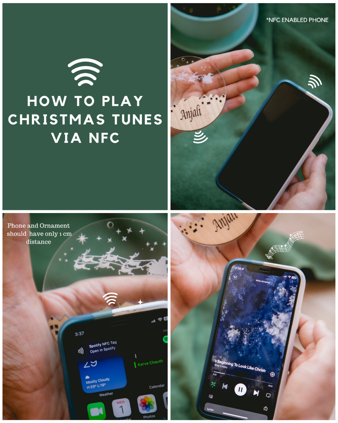 Teak Snow Globe collection with personalisation and Christmas Tunes (NFC) (set of 3)