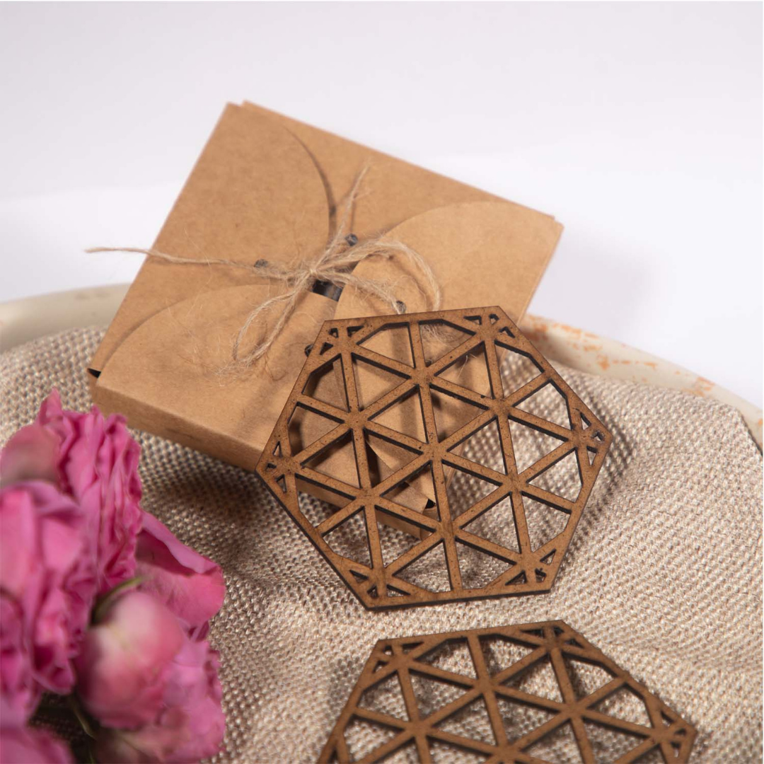 Hex Coaster (Set of 6) - Lotus Coaster (Set of 6) - Upcycled Rustic Hardboard Tea Coaster Set of 6 – Sustainable, Eco-Friendly, Water-Absorbent Coasters, No Adhesives, Reclaimed Wood Home Decor
