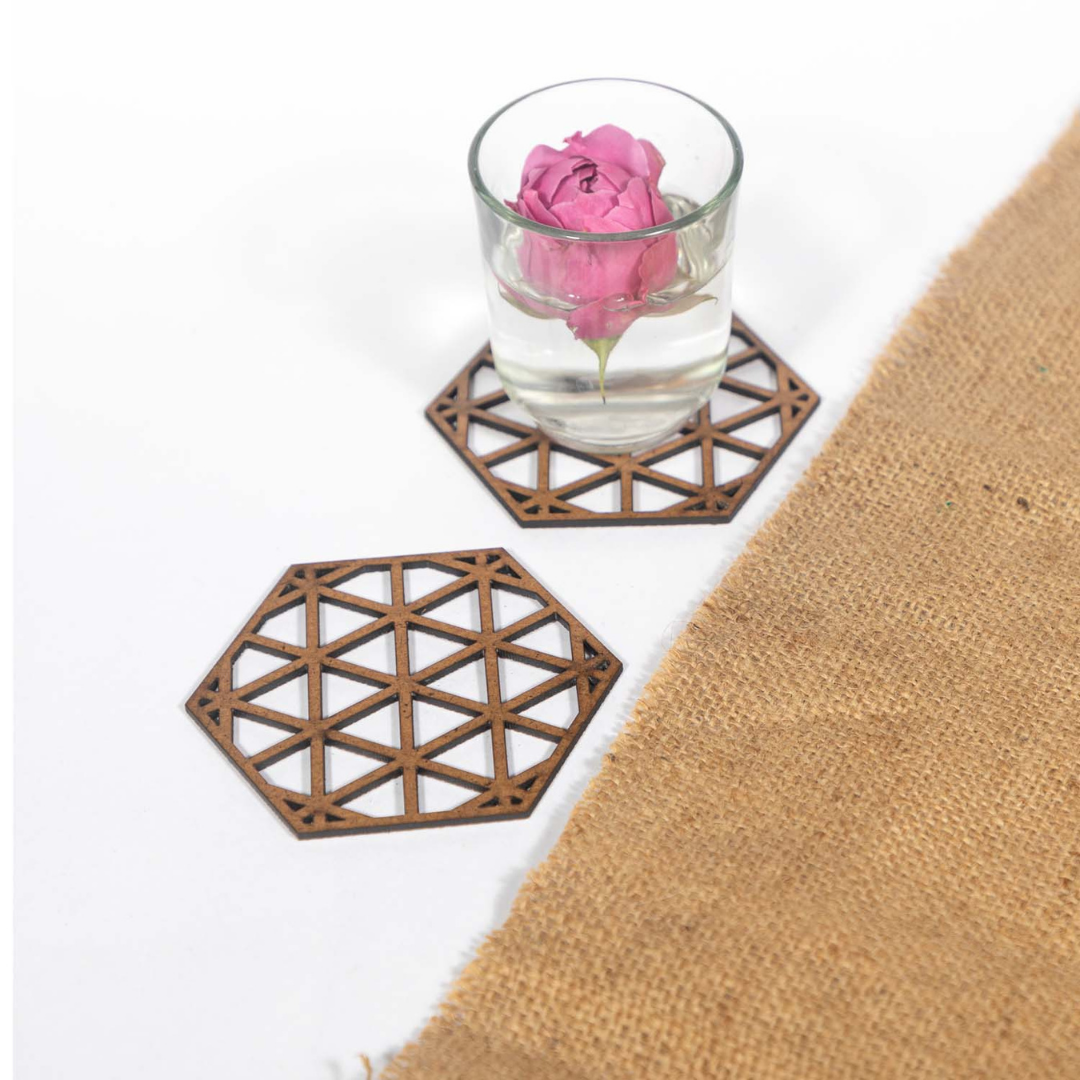 Hex Coaster (Set of 6) - Lotus Coaster (Set of 6) - Upcycled Rustic Hardboard Tea Coaster Set of 6 – Sustainable, Eco-Friendly, Water-Absorbent Coasters, No Adhesives, Reclaimed Wood Home Decor