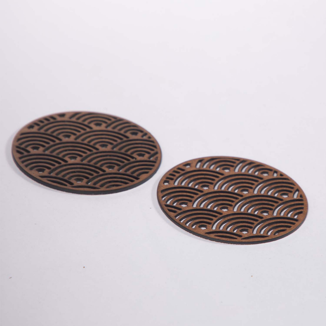 Japanese Wave Coaster (Set of 6) - Upcycled Rustic Hardboard Tea Coaster Set of 6 – Sustainable, Eco-Friendly, Water-Absorbent Coasters, No Adhesives, Reclaimed Wood Home Decor