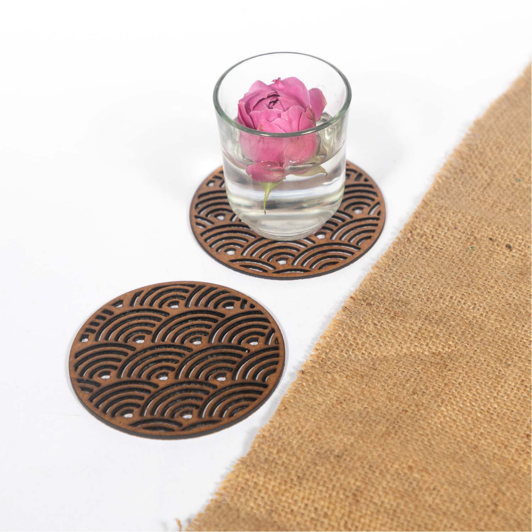 Japanese Wave Coaster (Set of 6) - Upcycled Rustic Hardboard Tea Coaster Set of 6 – Sustainable, Eco-Friendly, Water-Absorbent Coasters, No Adhesives, Reclaimed Wood Home Decor