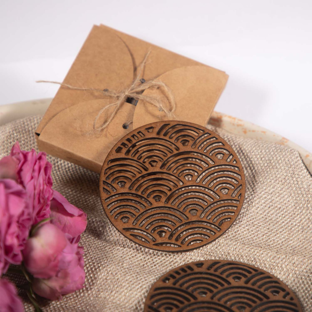 Japanese Wave Coaster (Set of 6) - Upcycled Rustic Hardboard Tea Coaster Set of 6 – Sustainable, Eco-Friendly, Water-Absorbent Coasters, No Adhesives, Reclaimed Wood Home Decor
