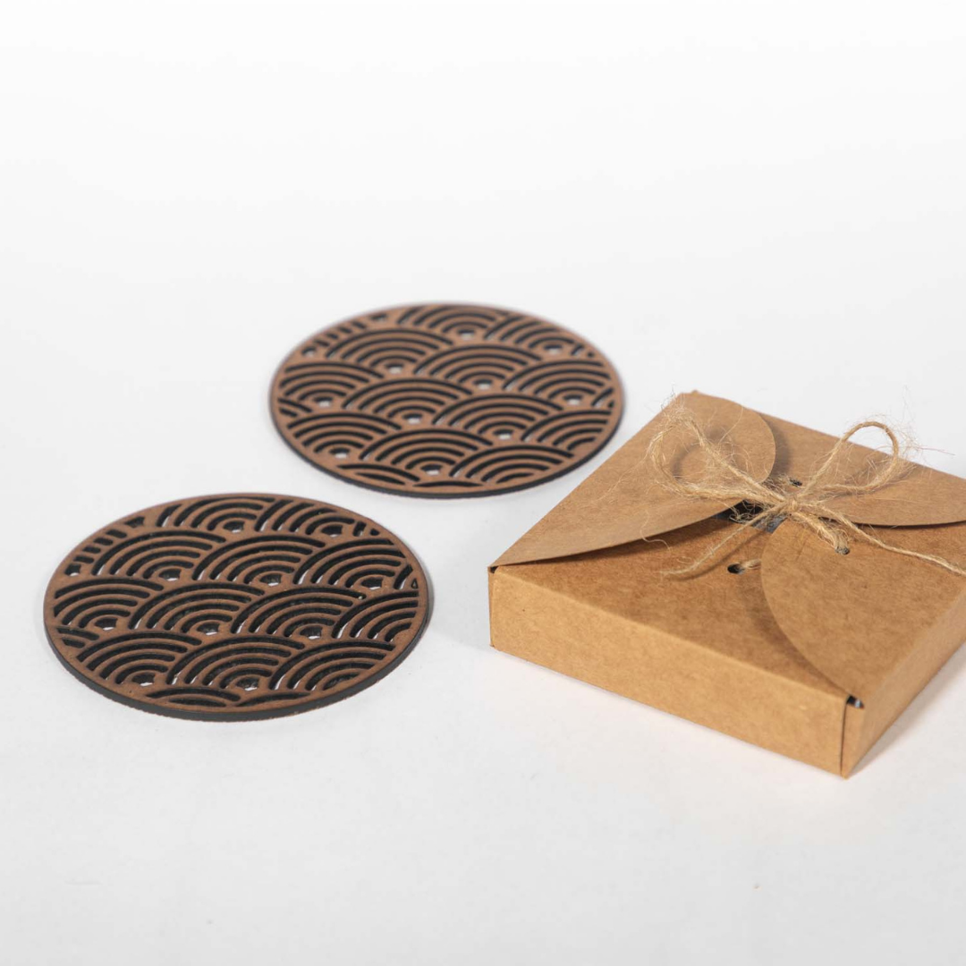 Japanese Wave Coaster (Set of 6) - Upcycled Rustic Hardboard Tea Coaster Set of 6 – Sustainable, Eco-Friendly, Water-Absorbent Coasters, No Adhesives, Reclaimed Wood Home Decor