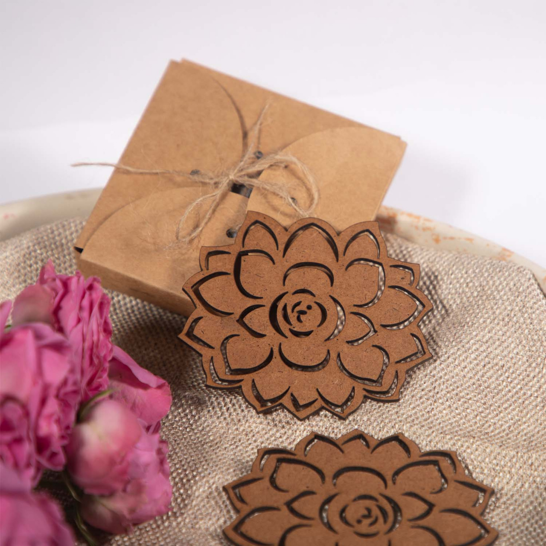 Lotus Coaster (Set of 6) - Upcycled Rustic Hardboard Tea Coaster Set of 6 – Sustainable, Eco-Friendly, Water-Absorbent Coasters, No Adhesives, Reclaimed Wood Home Decor