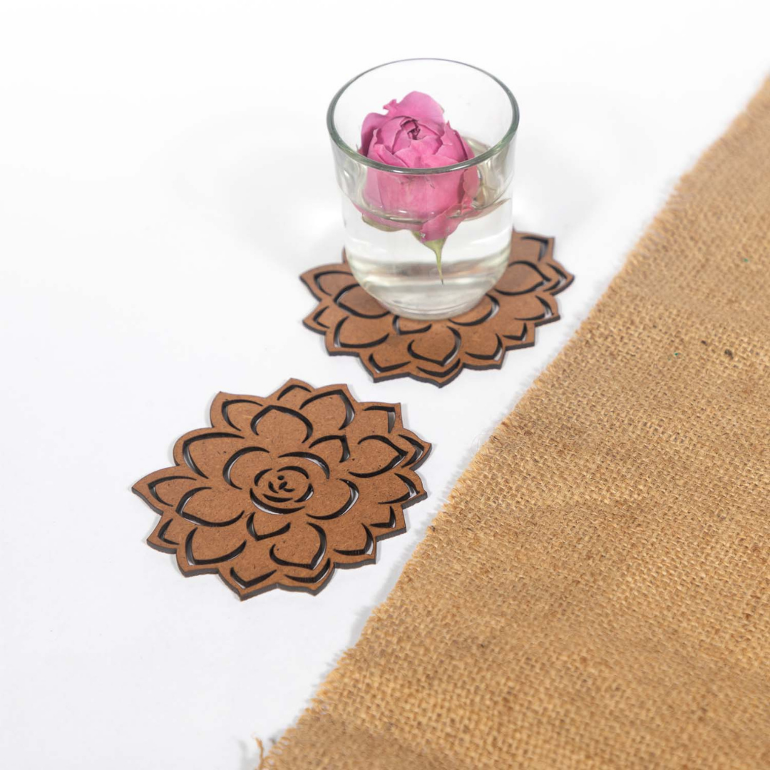Lotus Coaster (Set of 6) - Upcycled Rustic Hardboard Tea Coaster Set of 6 – Sustainable, Eco-Friendly, Water-Absorbent Coasters, No Adhesives, Reclaimed Wood Home Decor