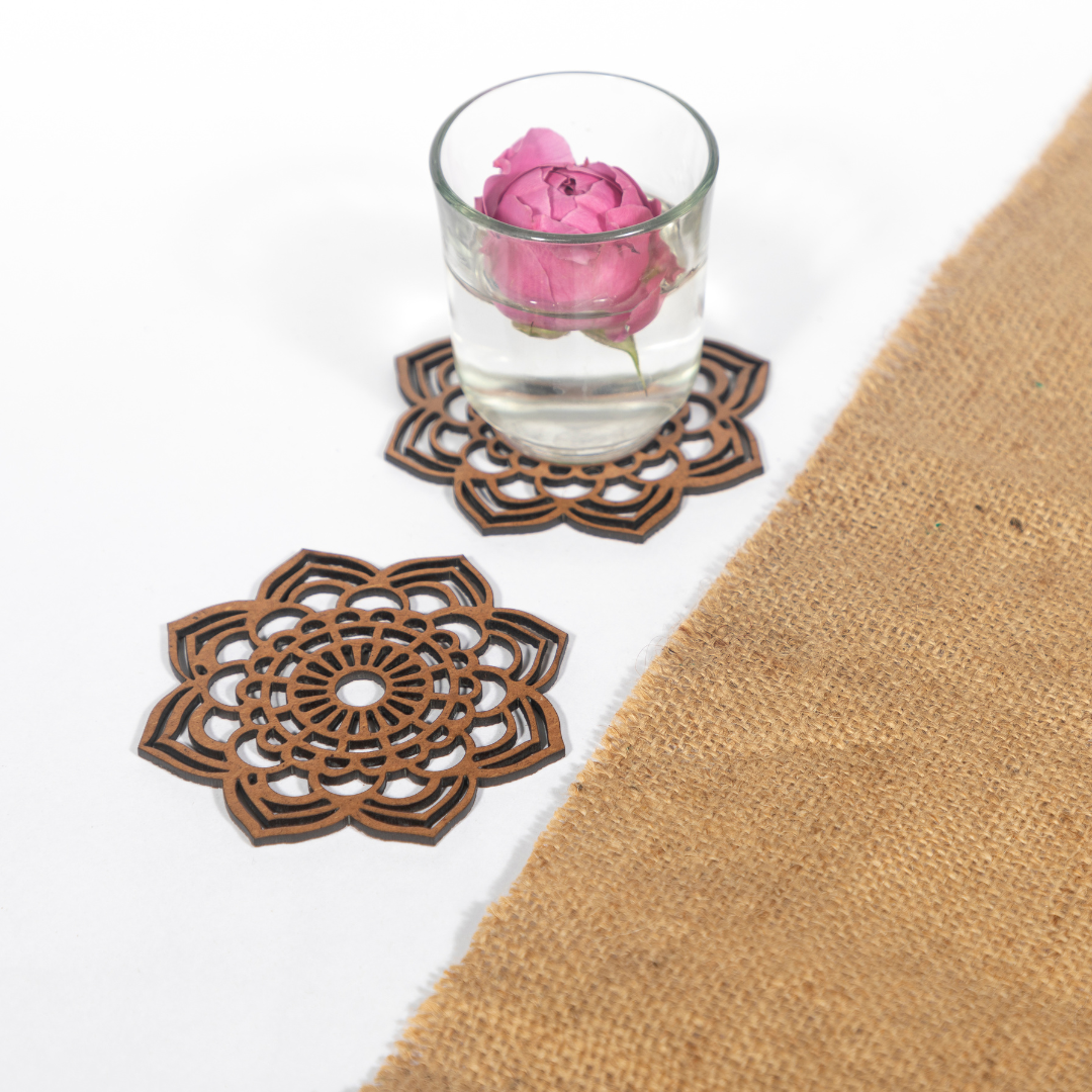 Mandala Coaster (Set of 6 - Upcycled Rustic Hardboard Tea Coaster Set of 6 – Sustainable, Eco-Friendly, Water-Absorbent Coasters, No Adhesives, Reclaimed Wood Home Decor