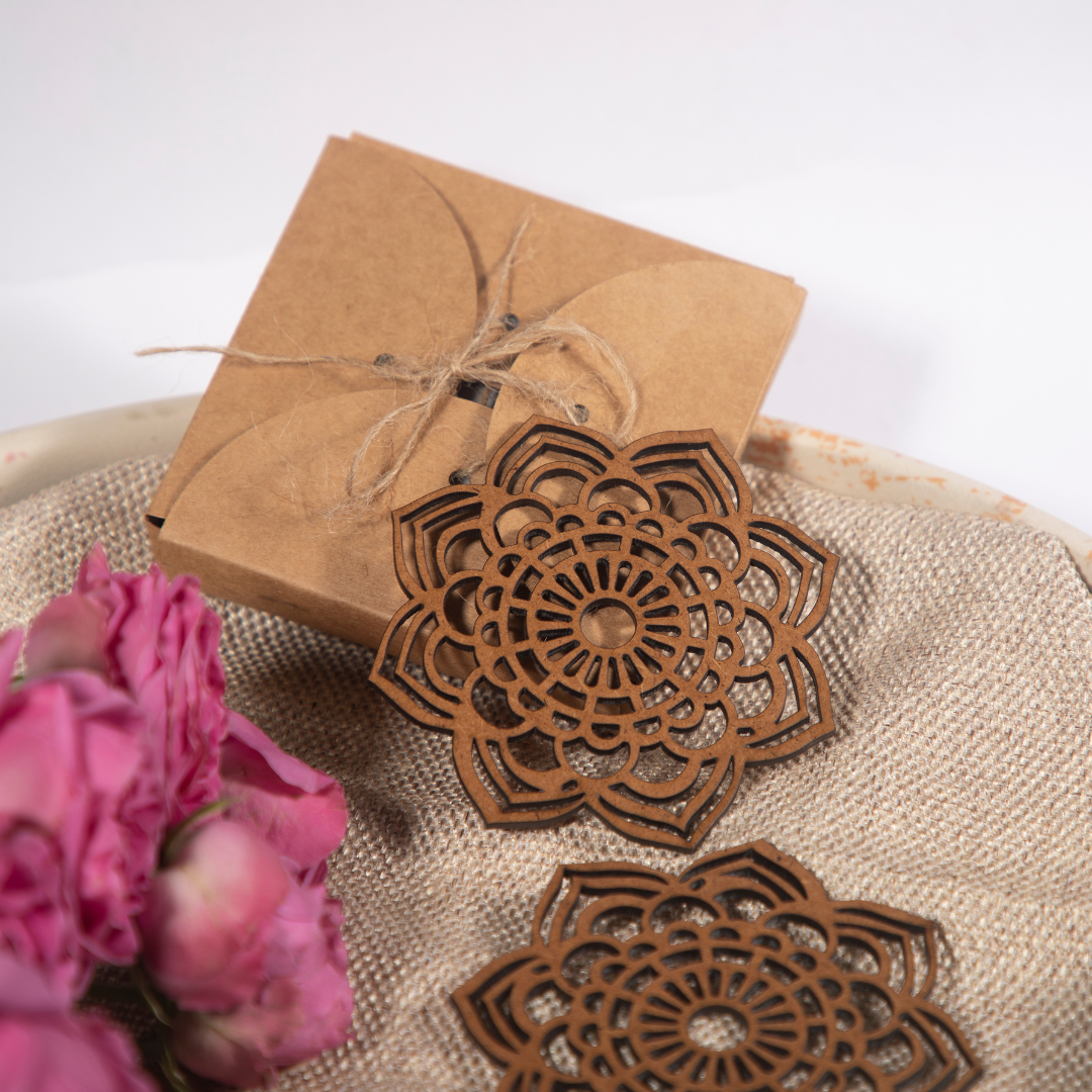 Mandala Coaster (Set of 6 - Upcycled Rustic Hardboard Tea Coaster Set of 6 – Sustainable, Eco-Friendly, Water-Absorbent Coasters, No Adhesives, Reclaimed Wood Home Decor