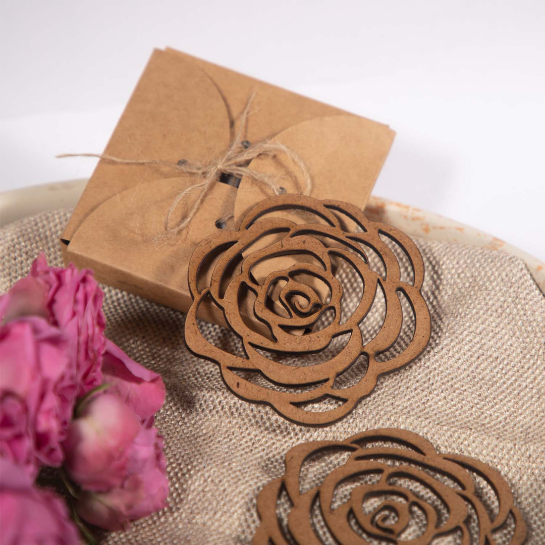 Rose Coaster (Set of 6) - Upcycled Rustic Hardboard Tea Coaster Set of 6 – Sustainable, Eco-Friendly, Water-Absorbent Coasters, No Adhesives, Reclaimed Wood Home Decor