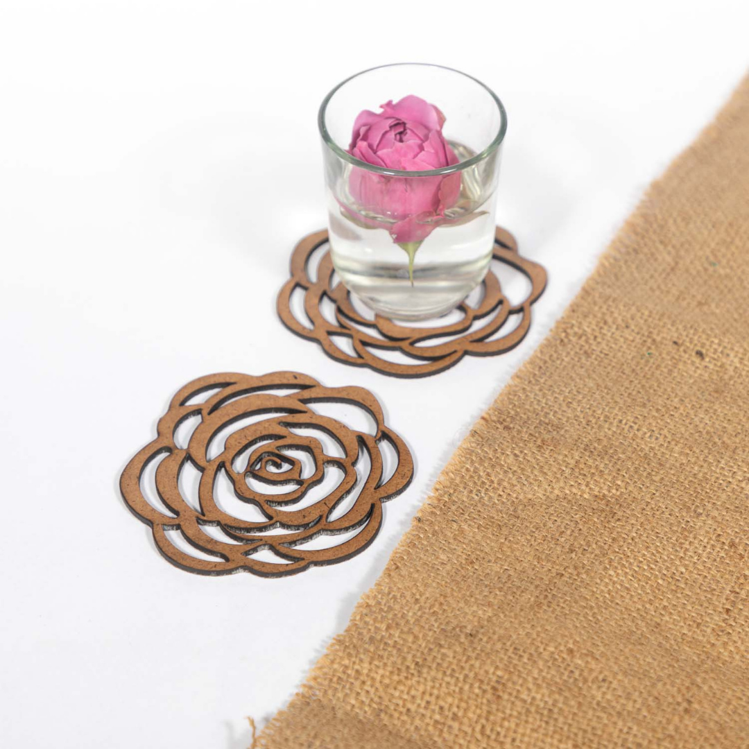 Rose Coaster (Set of 6) - Upcycled Rustic Hardboard Tea Coaster Set of 6 – Sustainable, Eco-Friendly, Water-Absorbent Coasters, No Adhesives, Reclaimed Wood Home Decor