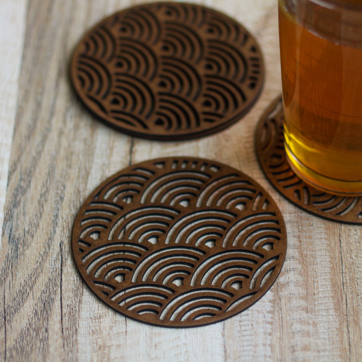 Japanese Wave Coaster (Set of 6) - Upcycled Rustic Hardboard Tea Coaster Set of 6 – Sustainable, Eco-Friendly, Water-Absorbent Coasters, No Adhesives, Reclaimed Wood Home Decor