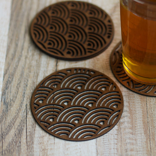 Japanese Wave Coaster (Set of 6) - Upcycled Rustic Hardboard Tea Coaster Set of 6 – Sustainable, Eco-Friendly, Water-Absorbent Coasters, No Adhesives, Reclaimed Wood Home Decor