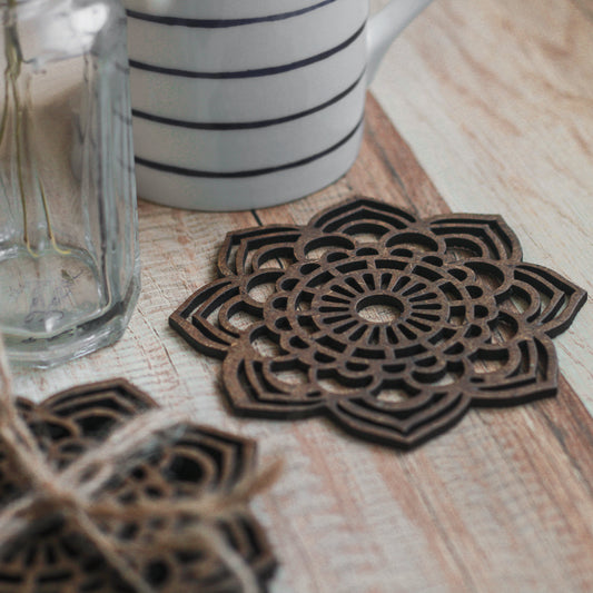 Mandala Coaster (Set of 6 - Upcycled Rustic Hardboard Tea Coaster Set of 6 – Sustainable, Eco-Friendly, Water-Absorbent Coasters, No Adhesives, Reclaimed Wood Home Decor