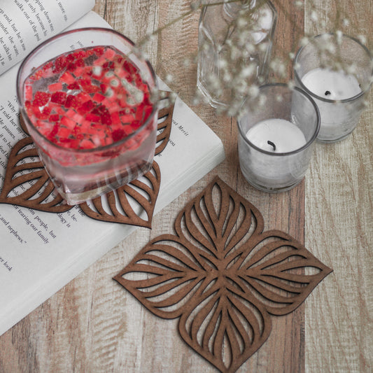 4 Leaf Coaster (Set of 6) -  Upcycled Rustic Hardboard Tea Coaster Set of 6 – Sustainable, Eco-Friendly, Water-Absorbent Coasters, No Adhesives, Reclaimed Wood Home Decor