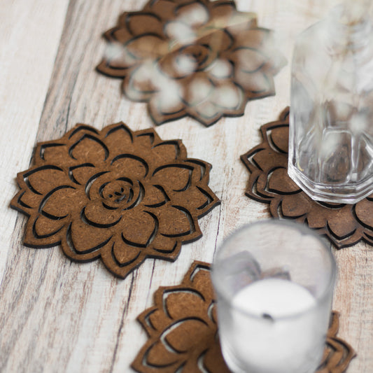 Lotus Coaster (Set of 6)  - Upcycled Rustic Hardboard Tea Coaster Set of 6 – Sustainable, Eco-Friendly, Water-Absorbent Coasters, No Adhesives, Reclaimed Wood Home Decor