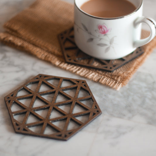 Hex Coaster (Set of 6) - Lotus Coaster (Set of 6)  - Upcycled Rustic Hardboard Tea Coaster Set of 6 – Sustainable, Eco-Friendly, Water-Absorbent Coasters, No Adhesives, Reclaimed Wood Home Decor