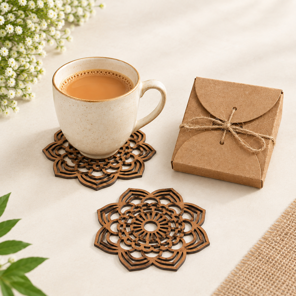 Mandala Coaster (Set of 6 - Upcycled Rustic Hardboard Tea Coaster Set of 6 – Sustainable, Eco-Friendly, Water-Absorbent Coasters, No Adhesives, Reclaimed Wood Home Decor