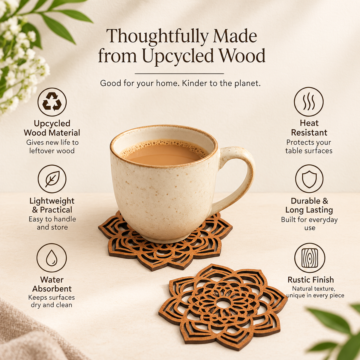 Mandala Coaster (Set of 6 - Upcycled Rustic Hardboard Tea Coaster Set of 6 – Sustainable, Eco-Friendly, Water-Absorbent Coasters, No Adhesives, Reclaimed Wood Home Decor