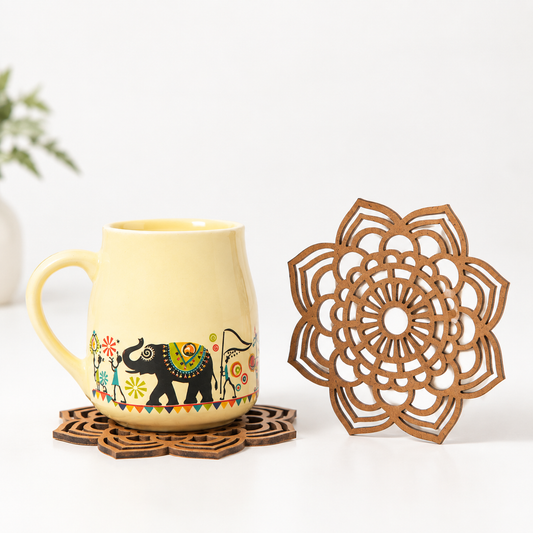 Mandala Coaster (Set of 6 - Upcycled Rustic Hardboard Tea Coaster Set of 6 – Sustainable, Eco-Friendly, Water-Absorbent Coasters, No Adhesives, Reclaimed Wood Home Decor