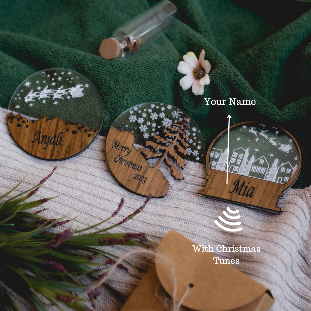Teak Snow Globe collection with personalisation and Christmas Tunes (NFC) (set of 3)