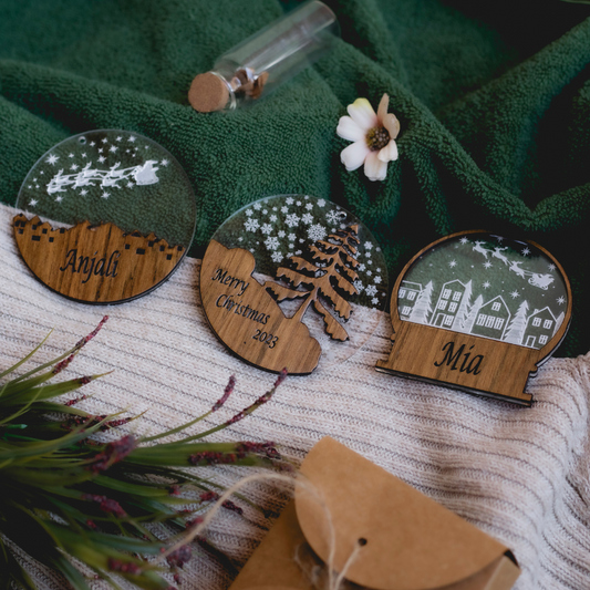 Teak Snow Globe collection with personalisation and Christmas Tunes (NFC) (set of 3)
