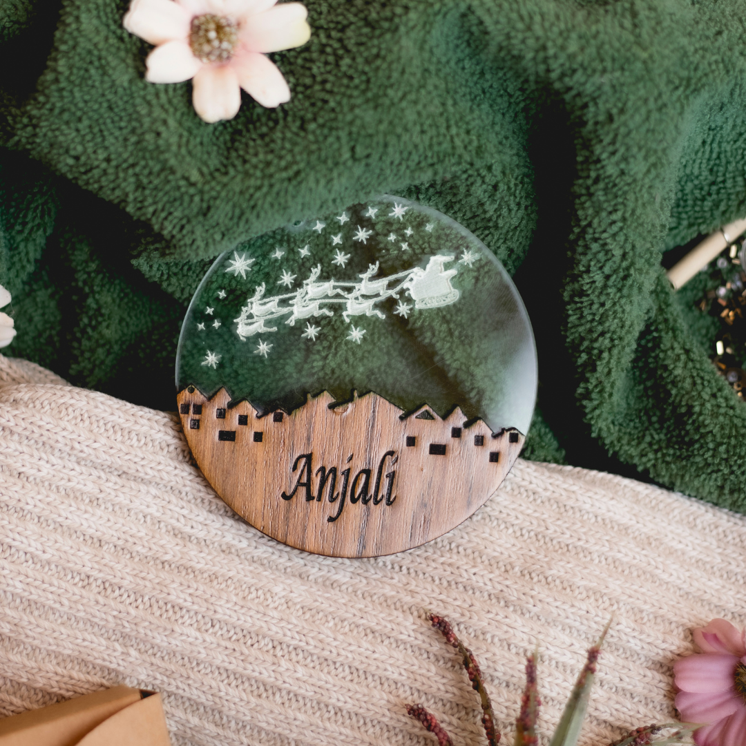 Teak Snow Globe collection with personalisation and Christmas Tunes (NFC) (set of 3)