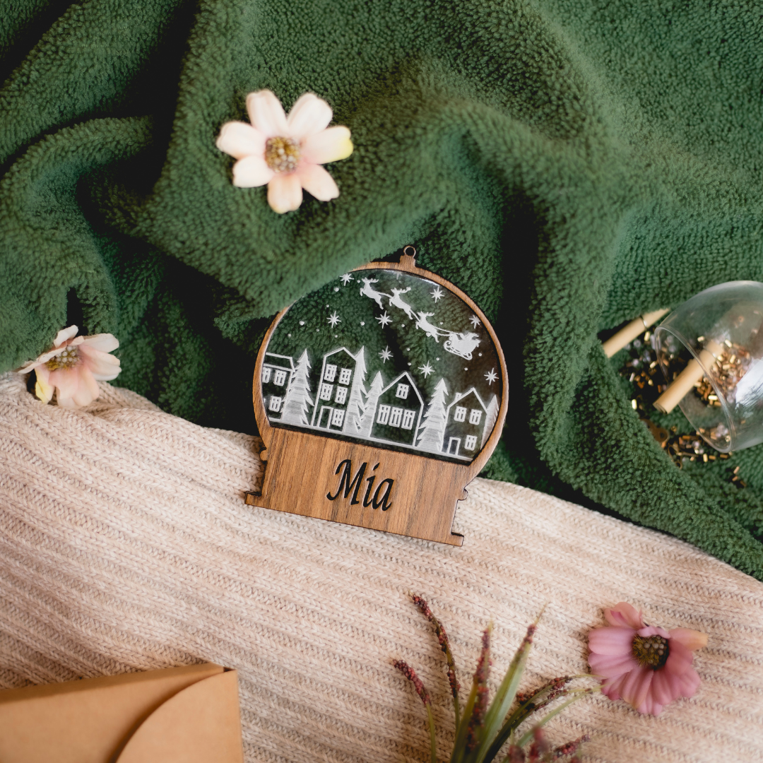 Teak Snow Globe collection with personalisation and Christmas Tunes (NFC) (set of 3)