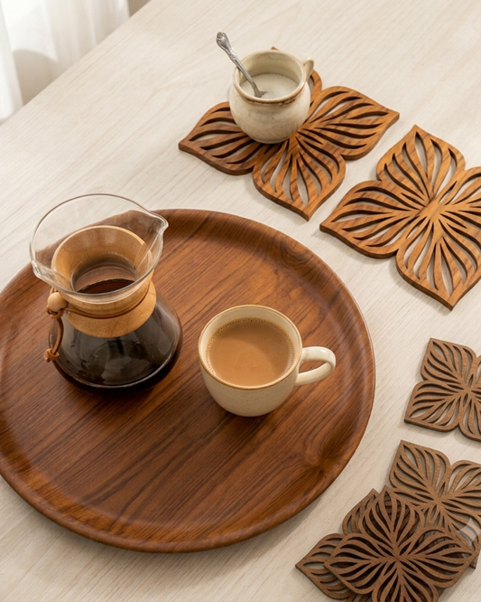 The coffee series Botancail Edit (Teak Round Tray, 4 Leaf Coasters(set of 6) and 4 Leaf Trivets (Set of 2)