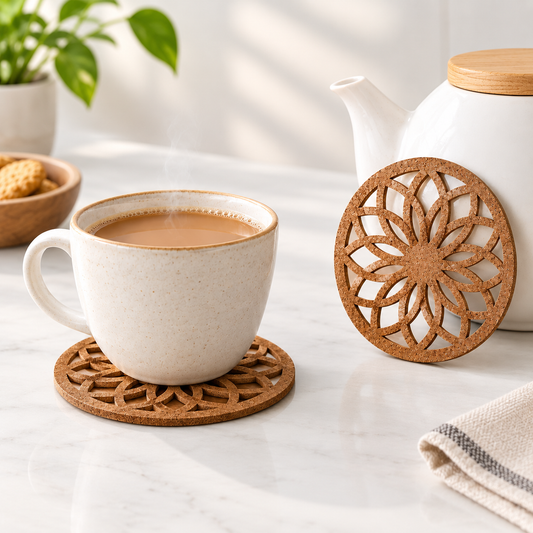 Rangoli Coaster (set of 6) -  Upcycled Rustic Hardboard Tea Coaster Set of 6 – Sustainable, Eco-Friendly, Water-Absorbent Coasters, No Adhesives, Reclaimed Wood Home Decor