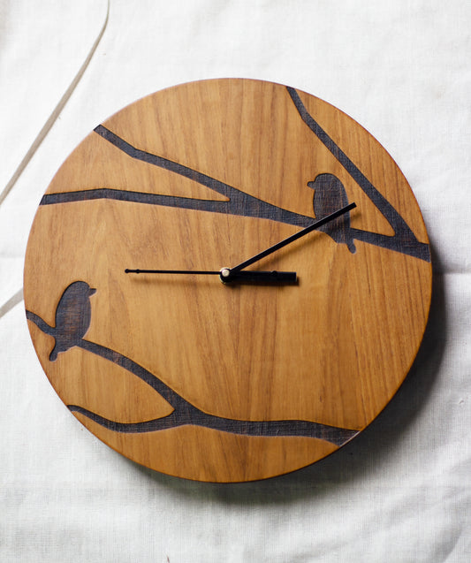 Round Bird engraved small Teak clock