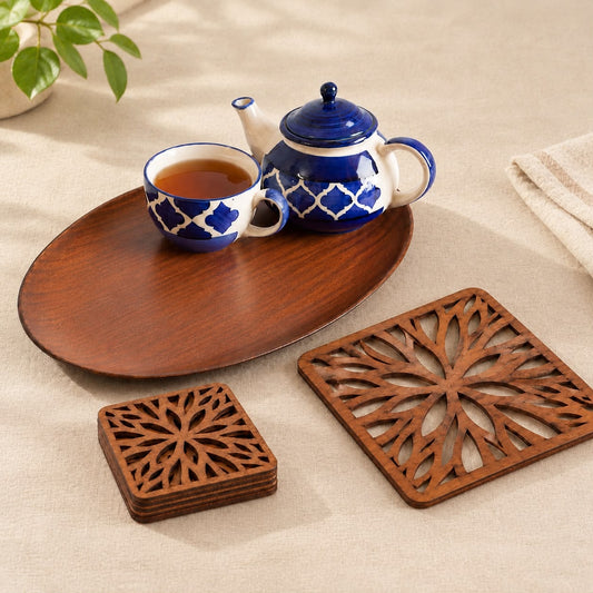 Tea Time Series - The Floral Harmony Edit  (Padouk Oval Tray, Flowery Coasters(set of 6) and Flowery Trivets (Set of 4)