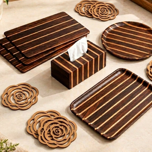 The Rosewood Gathering series  (Rosewood deck Rectangle Tray, Tablemat 4 No.s, Round Tray, Tissue paper box and Rose Tea Coaster set of 6)