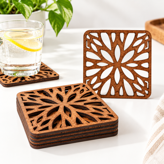 Flowery Coaster (set of 6) -  Upcycled Rustic Hardboard Tea Coaster Set of 6 – Sustainable, Eco-Friendly, Water-Absorbent Coasters, No Adhesives, Reclaimed Wood Home Decor
