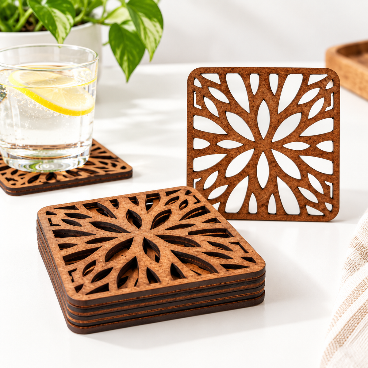 Tea Time Series - The Floral Harmony Edit  (Padouk Oval Tray, Flowery Coasters(set of 6) and Flowery Trivets (Set of 4)