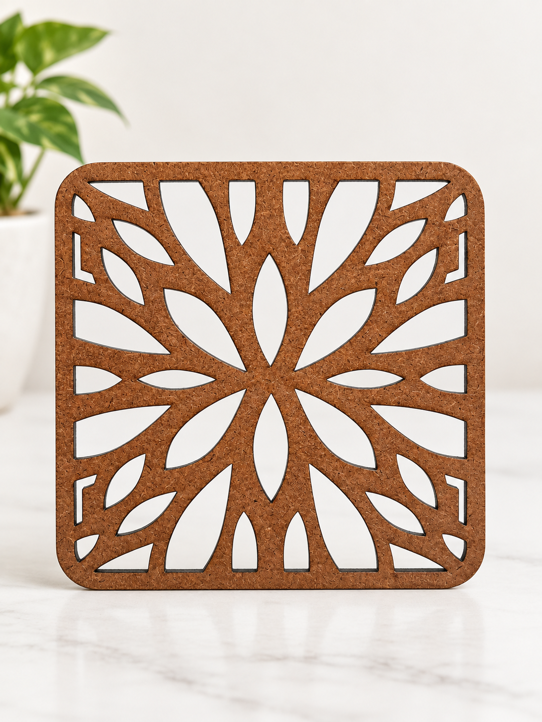 Flowery Coaster (set of 6) -  Upcycled Rustic Hardboard Tea Coaster Set of 6 – Sustainable, Eco-Friendly, Water-Absorbent Coasters, No Adhesives, Reclaimed Wood Home Decor
