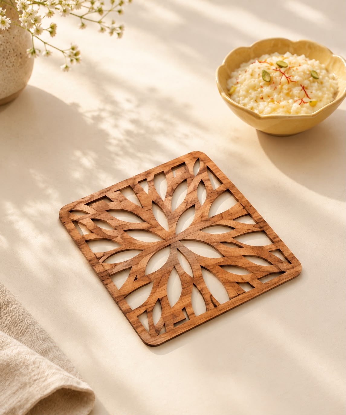 Tea Time Series - The Floral Harmony Edit  (Padouk Oval Tray, Flowery Coasters(set of 6) and Flowery Trivets (Set of 4)