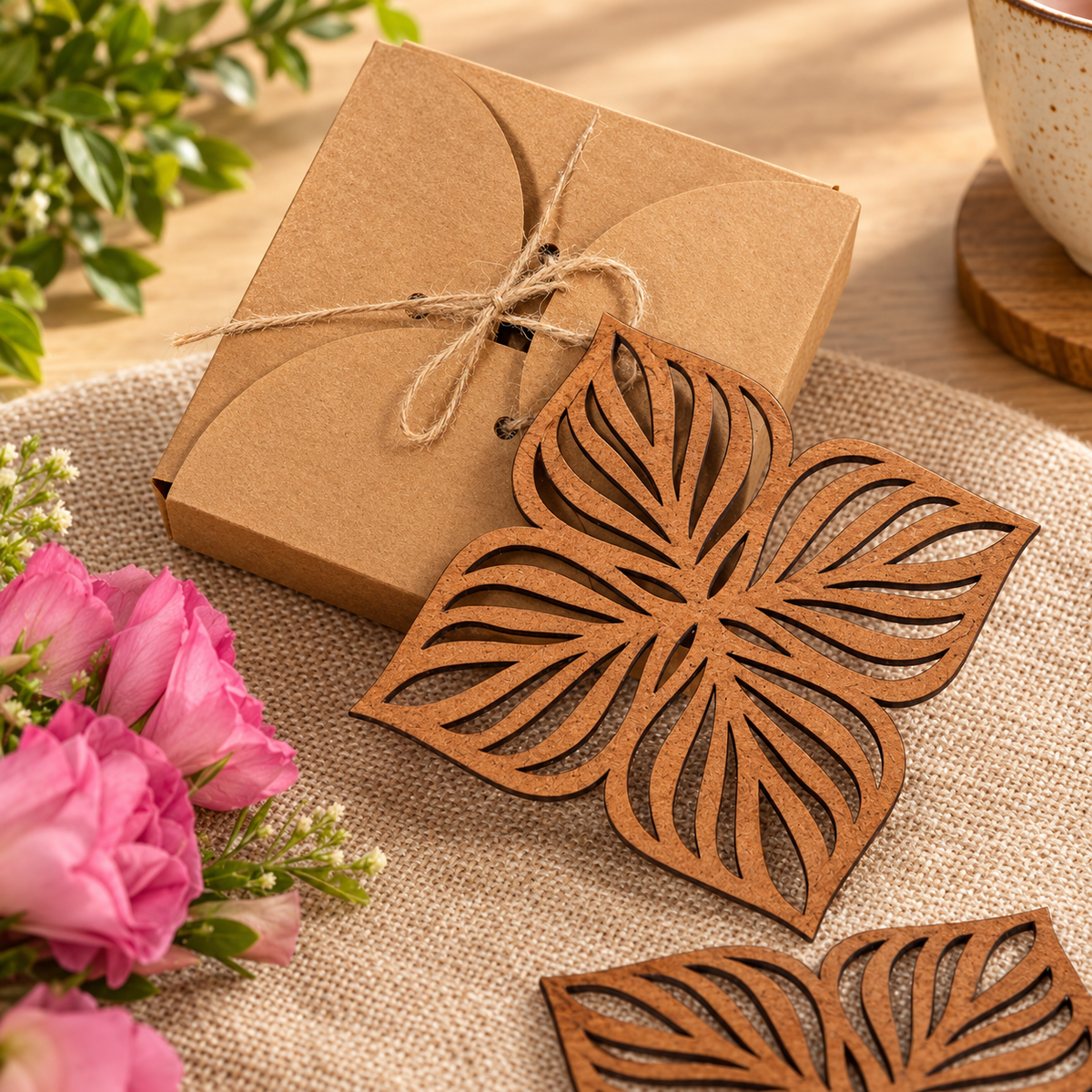The coffee series Botancail Edit (Teak Round Tray, 4 Leaf Coasters(set of 6) and 4 Leaf Trivets (Set of 2)