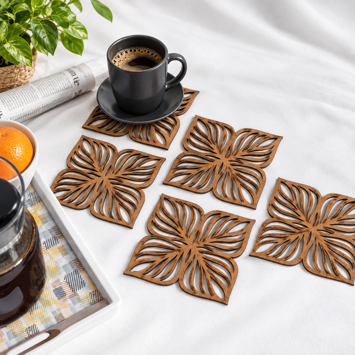 4 Leaf Coaster (Set of 6) -  Upcycled Rustic Hardboard Tea Coaster Set of 6 – Sustainable, Eco-Friendly, Water-Absorbent Coasters, No Adhesives, Reclaimed Wood Home Decor