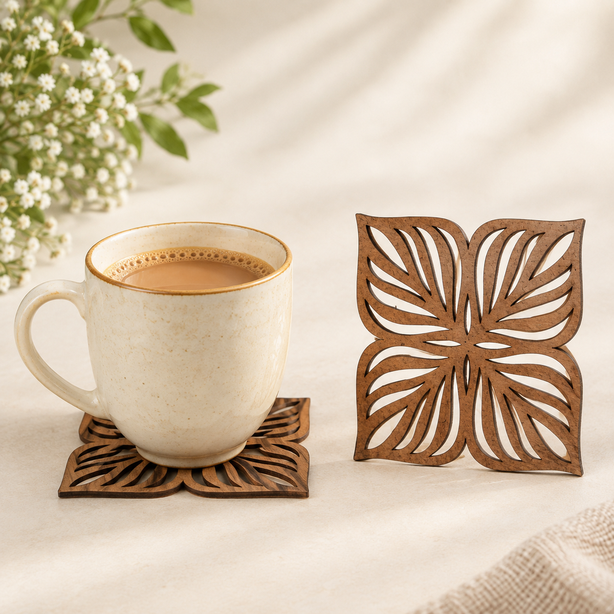 The coffee series Botancail Edit (Teak Round Tray, 4 Leaf Coasters(set of 6) and 4 Leaf Trivets (Set of 2)