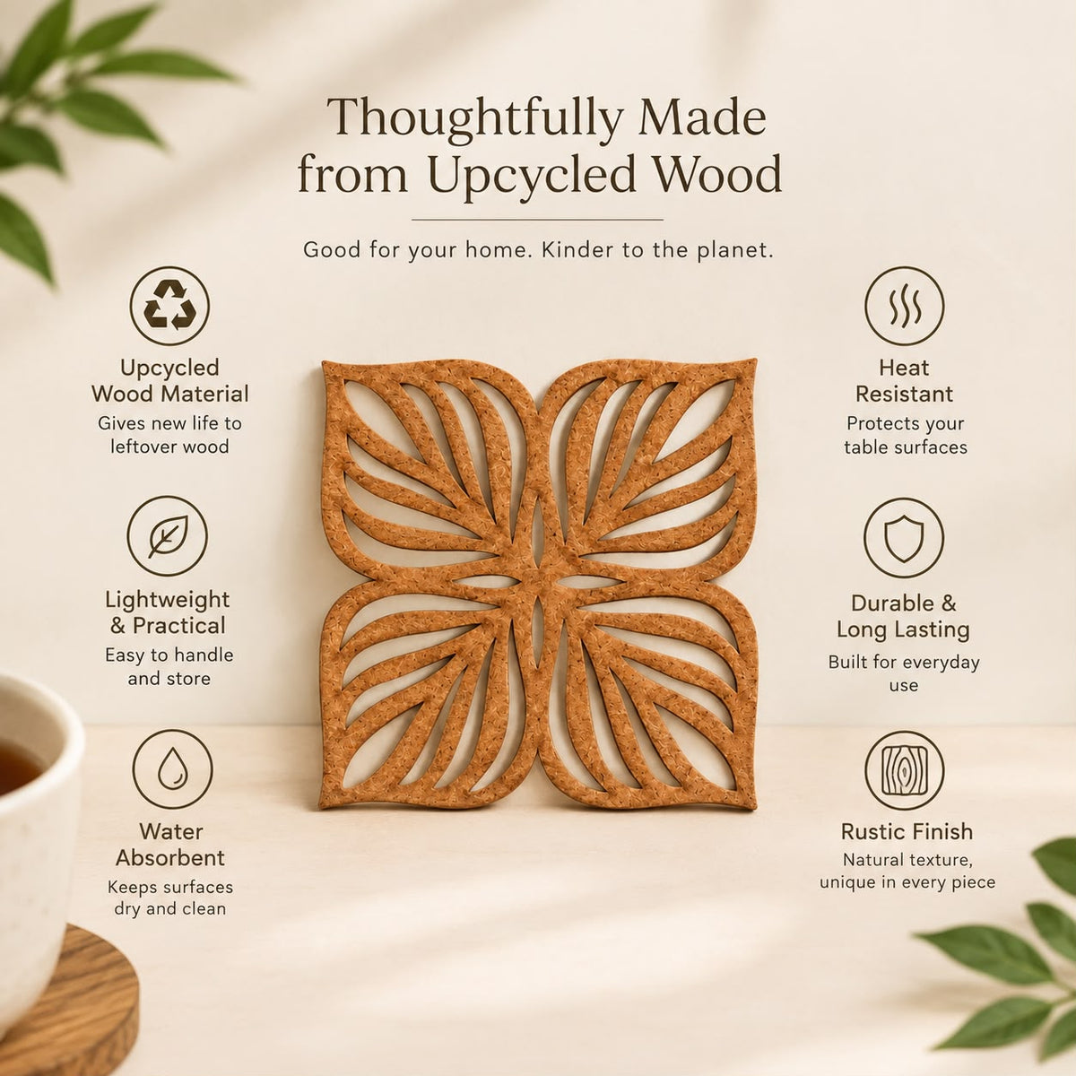 The coffee series Botancail Edit (Teak Round Tray, 4 Leaf Coasters(set of 6) and 4 Leaf Trivets (Set of 2)